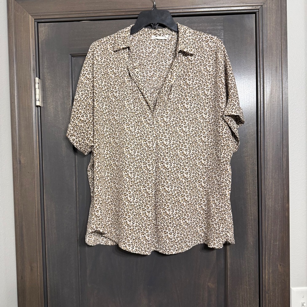 All in Favor Leopard Print Short Sleeve Blouse XXL Brown Animal Print